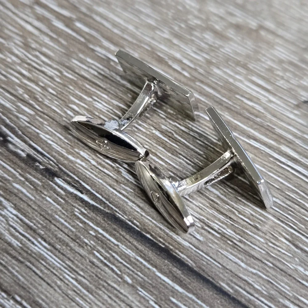 Vintage Men's Silver Tone Fish Motif Rectangular Cufflinks Bullet Back Jesus